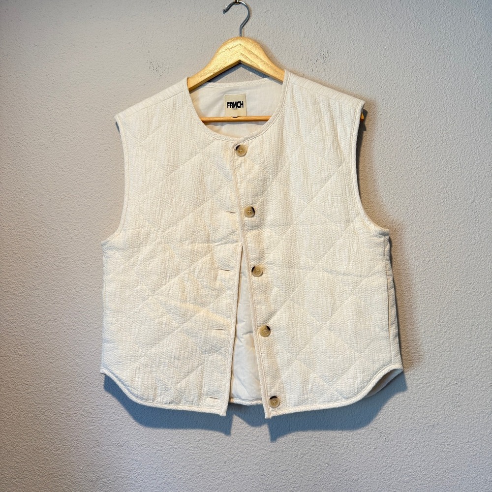 FRENCH PARIS Cream Quilted Cotton Linen Blend Button Front Vest XS
